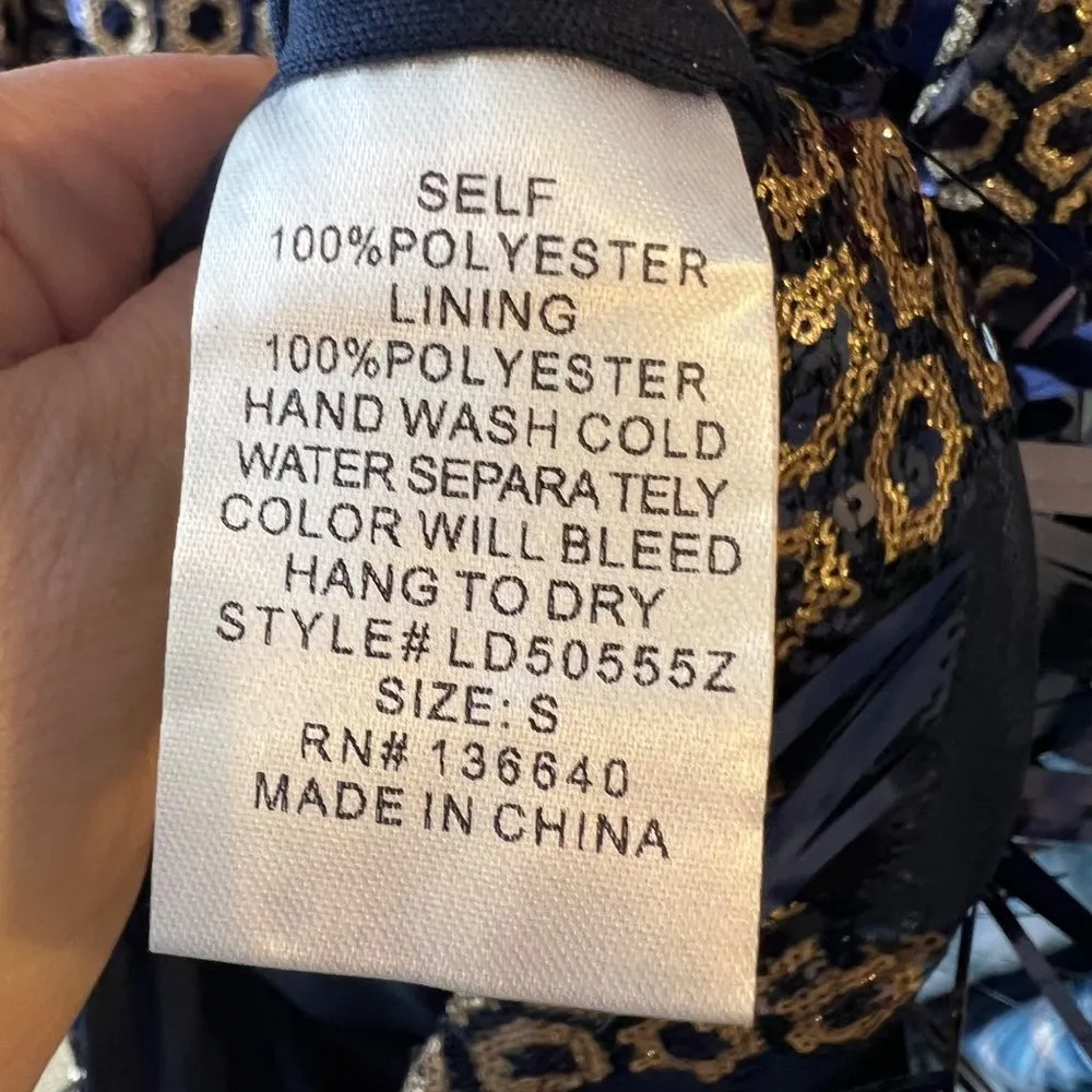 L'Atiste Metallic Halter Honeycomb Dress Blue Gold Size Large NWT - Image 11