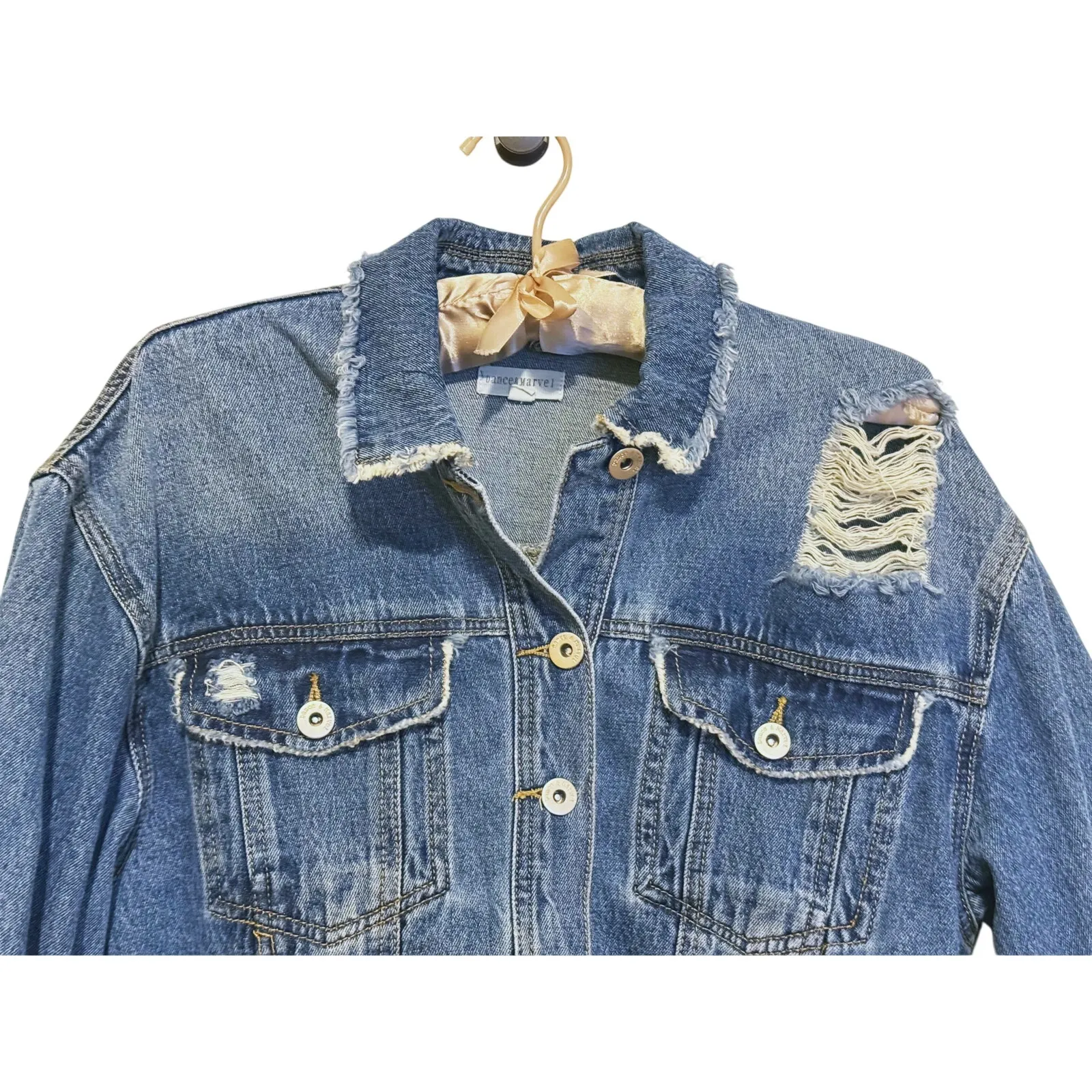Y2K Cropped Flare Sleeves Distressed Denim Jacket Large Indie Sleaze 90s Revival - Image 4