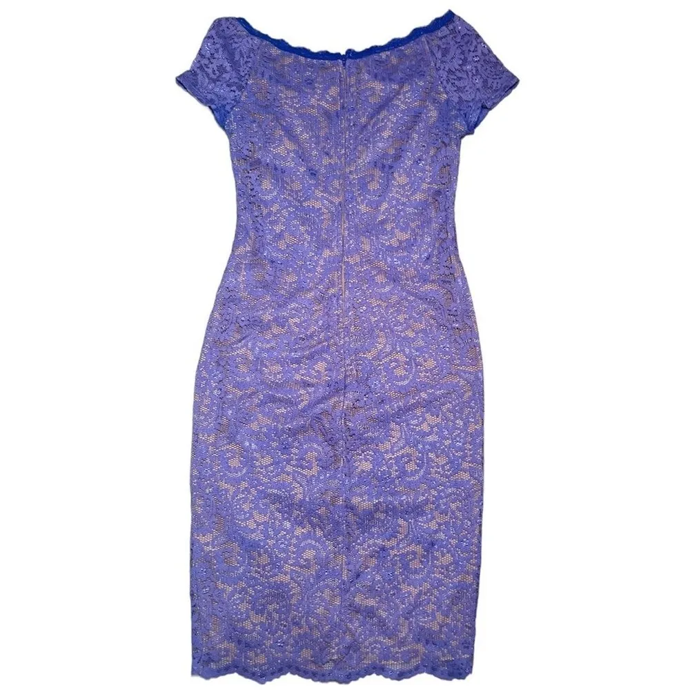 Bison Bisou Womens Lace Blue Midi Bodycon Floral Lace Dress Size 4 Cocktail - Image 2