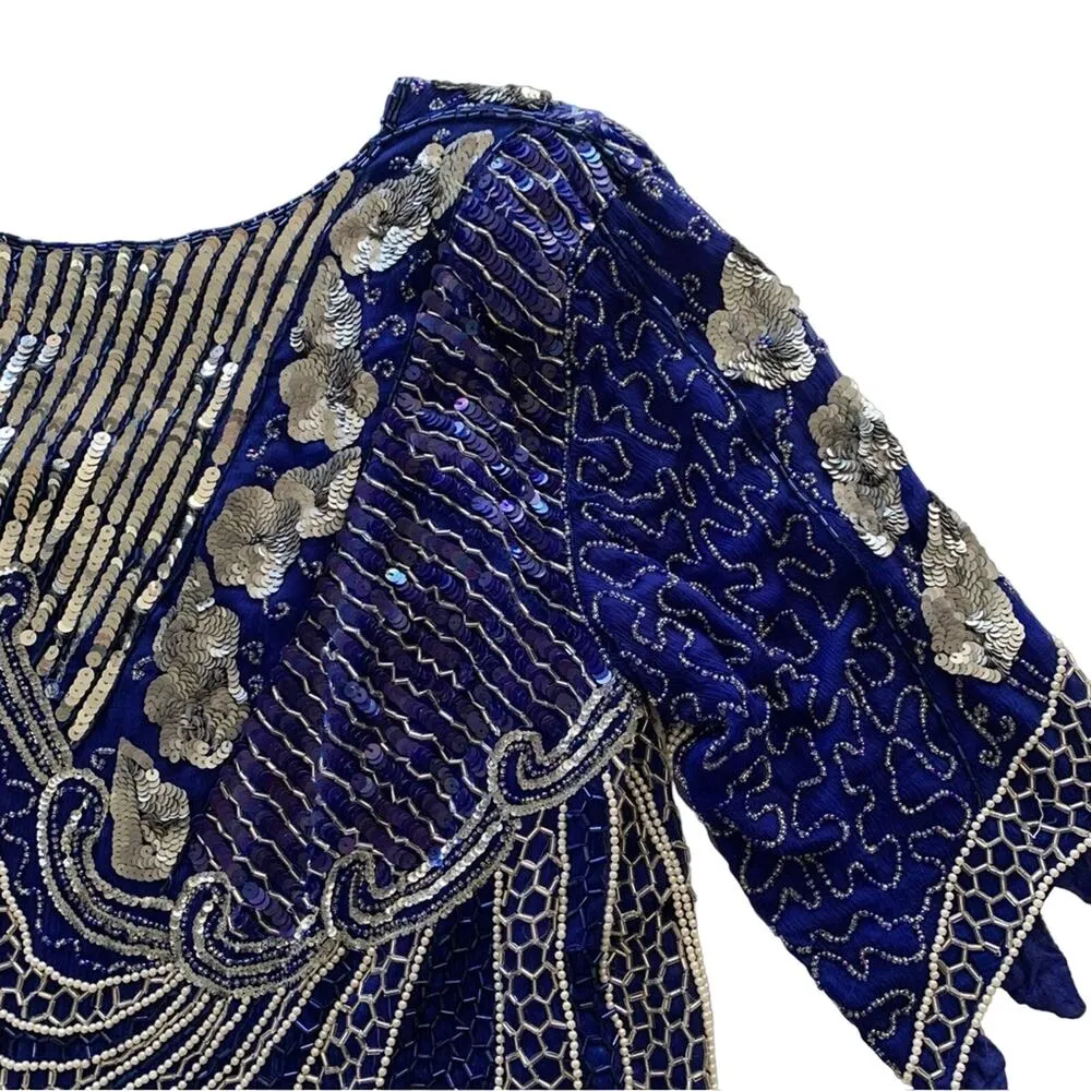 Vintage Royal Blue Pure Silk Beaded Pearl & Silver Sequins V - Image 9