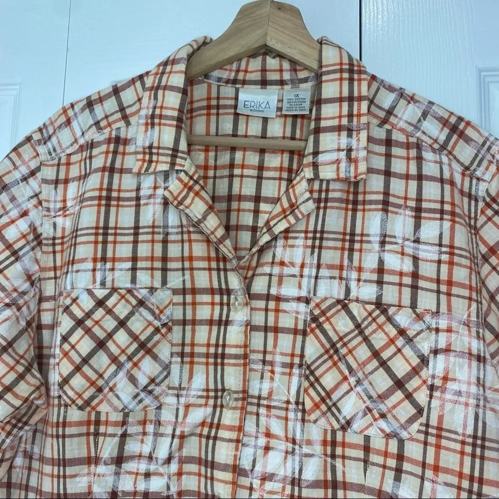 Erika Plaid Cotton Button up Orange Brown Beige Short Sleeve Shirt… - Image 3