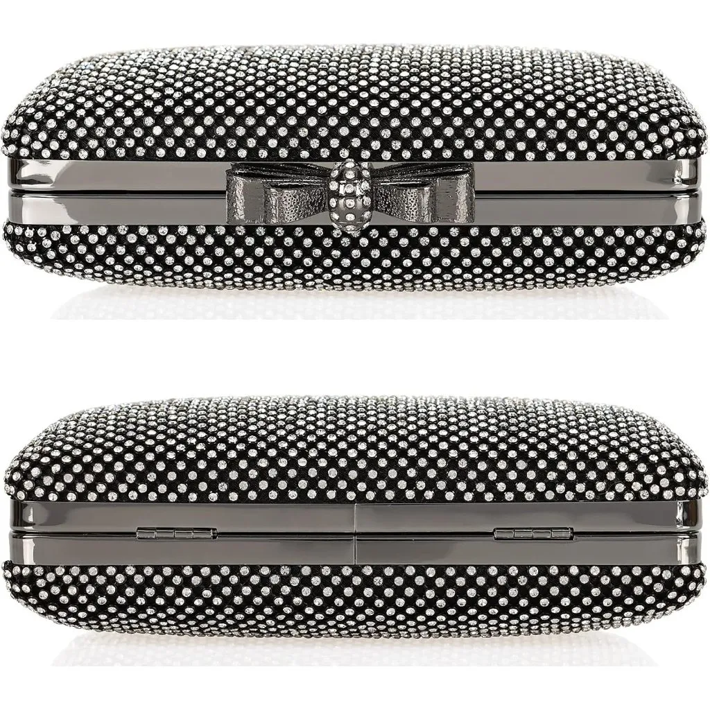 ⚡ Women's Black White Rhinestone Crystal Bow Clasp Metal Chain Clutch Handbag - Image 4