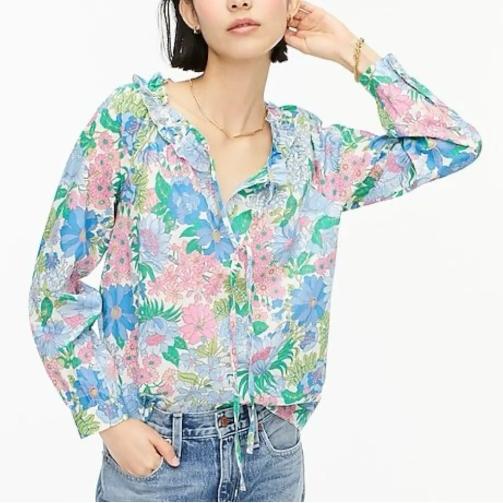 J.Crew Cotton‎ Tie-Front Gathered Sleeves Ruffle Top in Fairy Floral Size XS - Image 2
