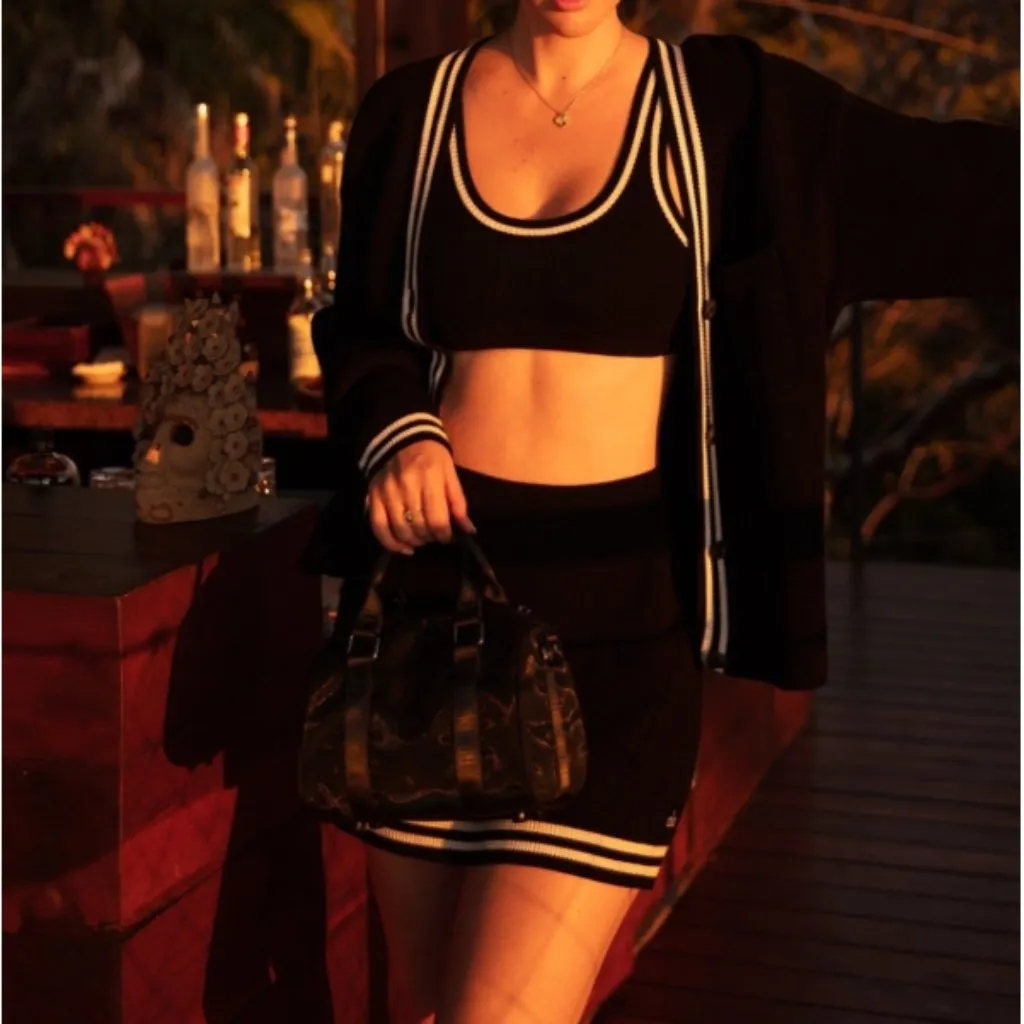 Alo Tennis Club Sweater Knit Skirt Black Ivory Varsity Striped High-Waist Skort - Image 12