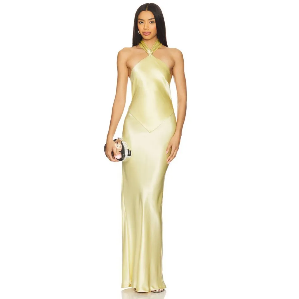 retrofete Ester Satin Maxi Dress Yuzu Womens Size Large Yellow - Image 4