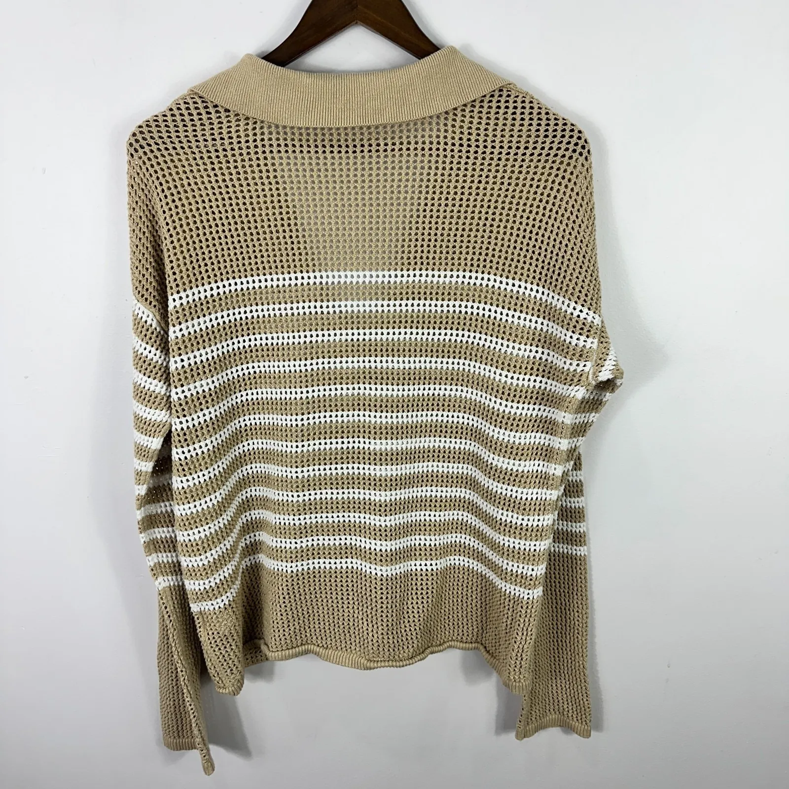GAP Sweater M Beige Stripe Cotton Open Knit Polo Quiet Luxury Coastal Preppy - Image 6