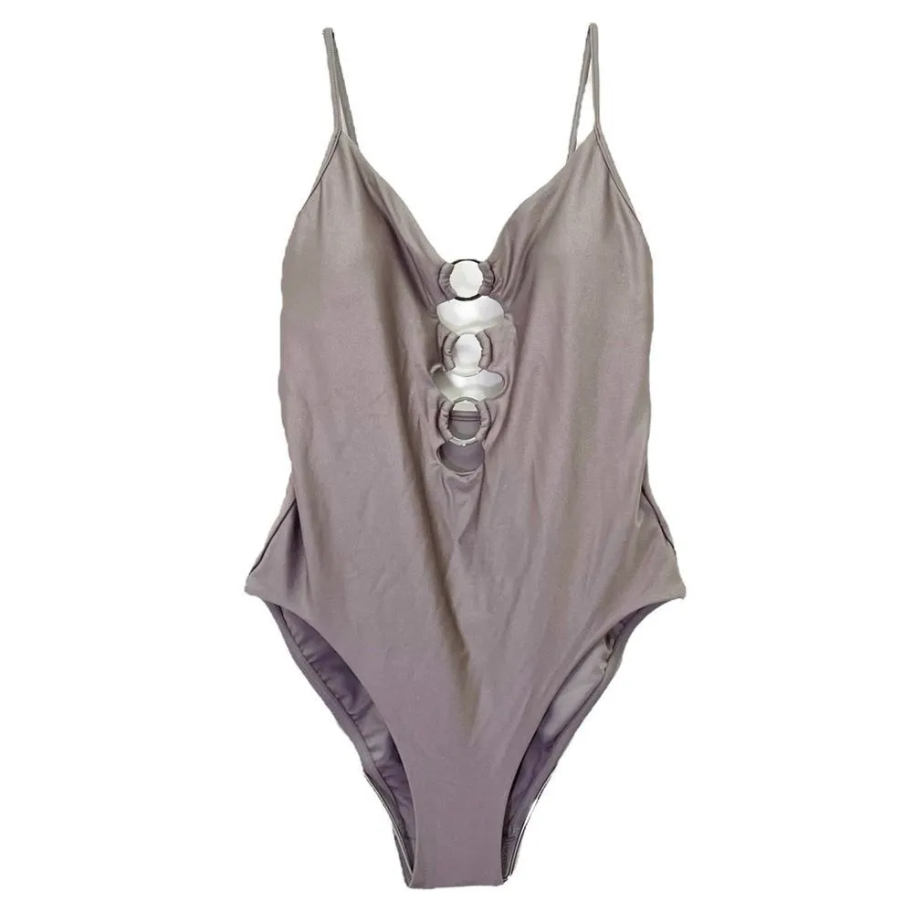 NEW Victoria's Secret V-Plunge Ring One-Piece Swimsuit Shimmer Taupe Size Medium - Image 3