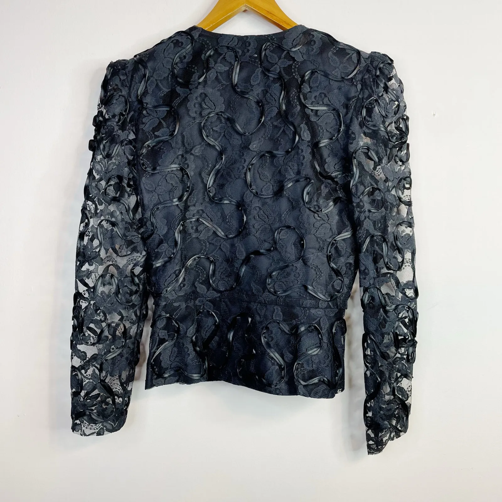 Vintage Patra Black Lace Ribbon Soutache Mesh Fitted Jacket Puff Shoulders Bow 6 - Image 4