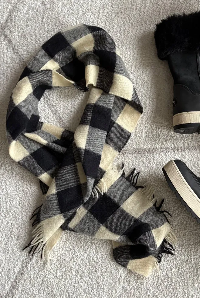 Wool Black & Cream Large Buffalo Check Wool Blend Plaid Rectangle Scarf 12x52 - Image 1