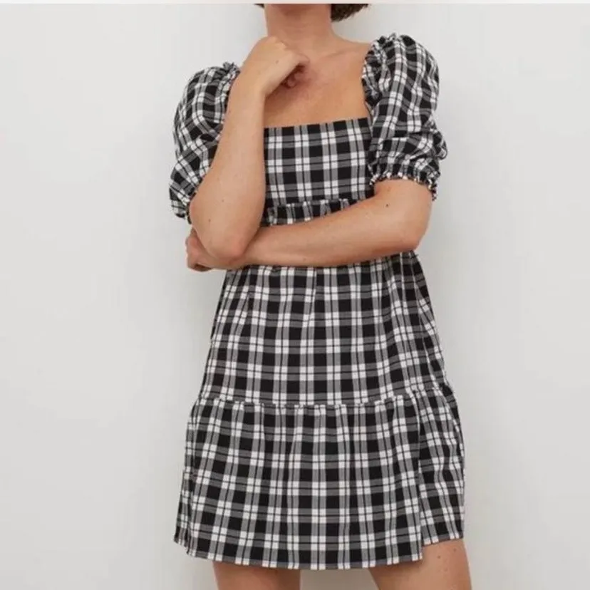 H&M Divided Black White Plaid Checkered Seersucker Puff Sleeve Mini Dress XS - Image 2