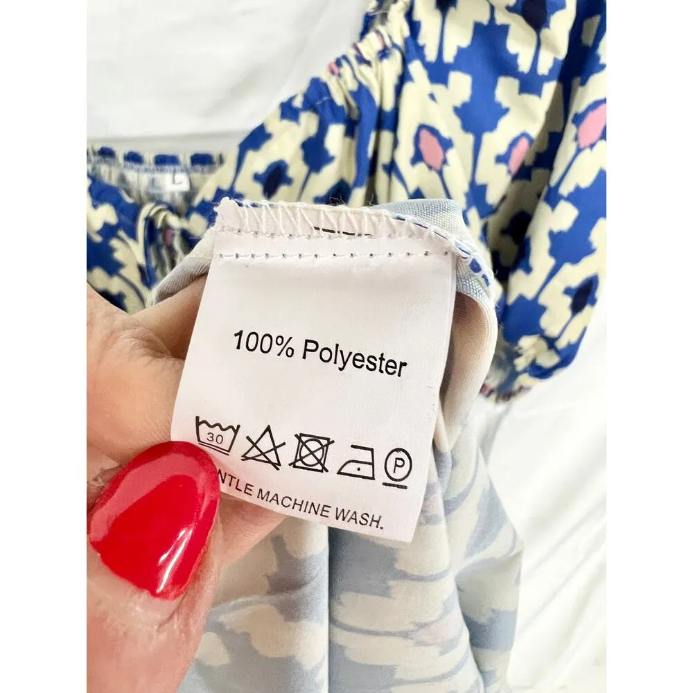 Printed Puffed Sleeve Smocked Tiered Midi Dress Blue/Cream / pink Women's Size L Blue Size L - Image 8