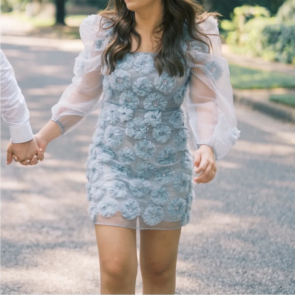 LoveShackFancy Wells Dress Glacier Blue Floral Appliqué Sz 6 3D - Image 2