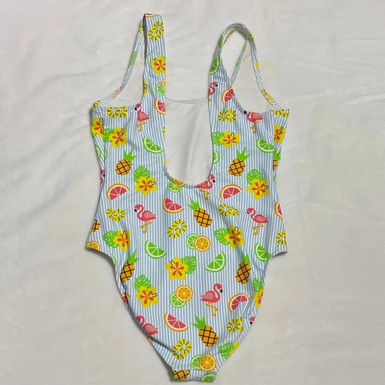 Shinesty Quirk Hard Seltzer One Piece Swimsuit Tropical Fruit Flamingo sz Small Blue - Image 2