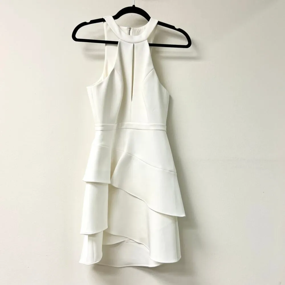 BCBGMaxAzria Sleeveless Halter Ruffle Fit & Flare Mini Dress White Womens Size 4 - Image 3