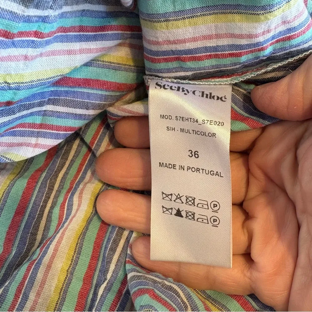 SEE BY CHLOE OFF SHOULDER TOP Bell Sleeves Striped M Cotton Boho Coastal - Image 9