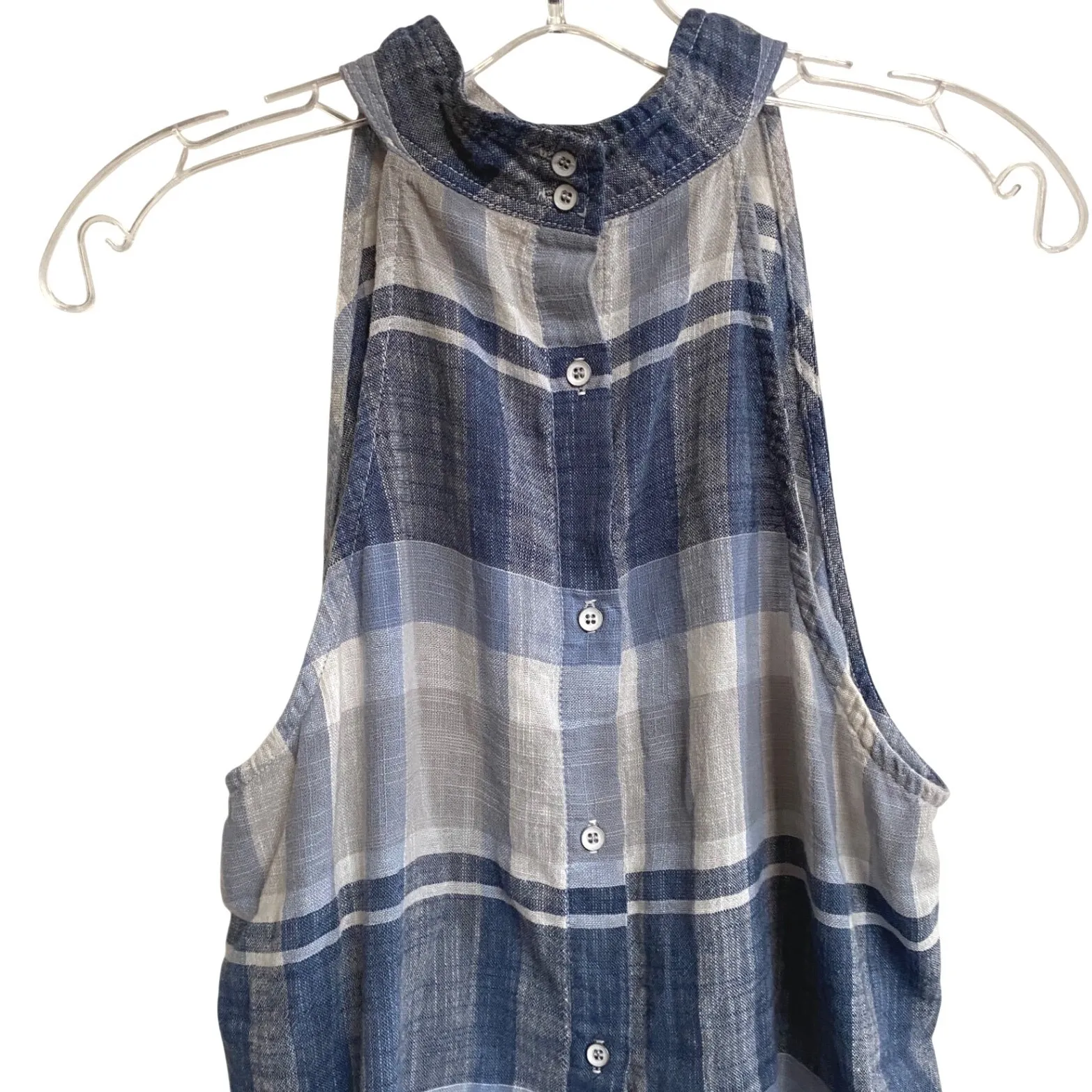 Cloth & Stone Plaid Halter Button Back Top Women's Blue Gray Linen Blend M EUC - Image 4