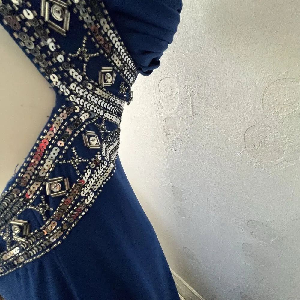 Betsy And Adam Electric Blue One Shoulder Sequin Beaded Floor Length Ball Gown 4 - Image 12