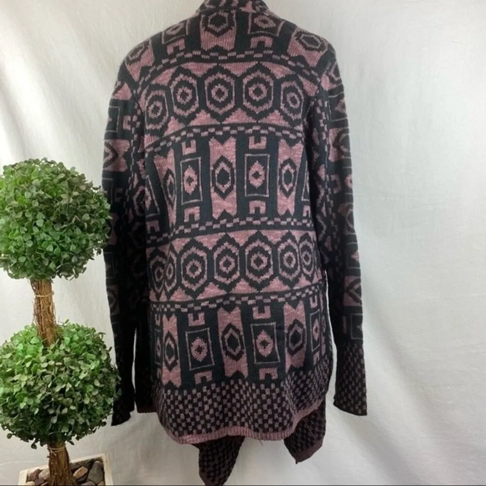 Knox Rose Black & Lavender Print Knit Open Long Duster Sweater M - Image 3