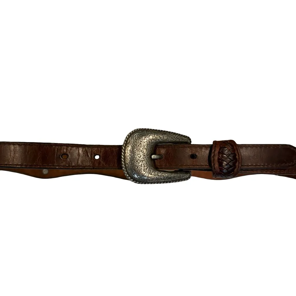 Vtg B.A.S. 95 Braided Leather Concho Western Belt Etched Floral Buckle Brown - Image 6