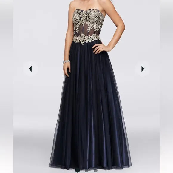 Blondie Nites Gown Juniors Size 9‎ Navy Long Mesh Gown Corset Style Gold Prom - Image 3