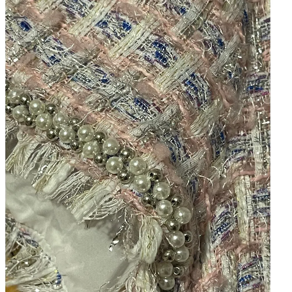 Mac Duggal Medium Pink Boucle Cap Sleeve Floral Button Detail Shift Dress NEW - Image 12