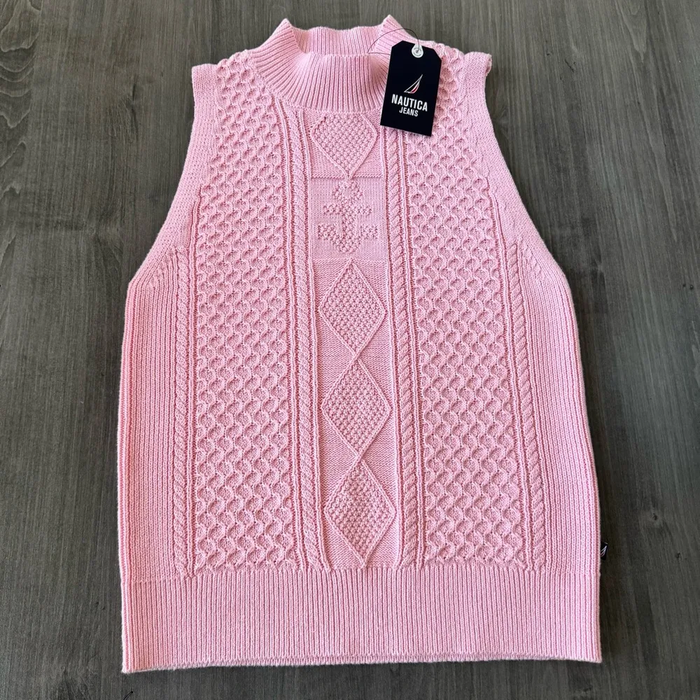 women cable knit mock neck sweater vest pink size S NWT $60 - Image 3