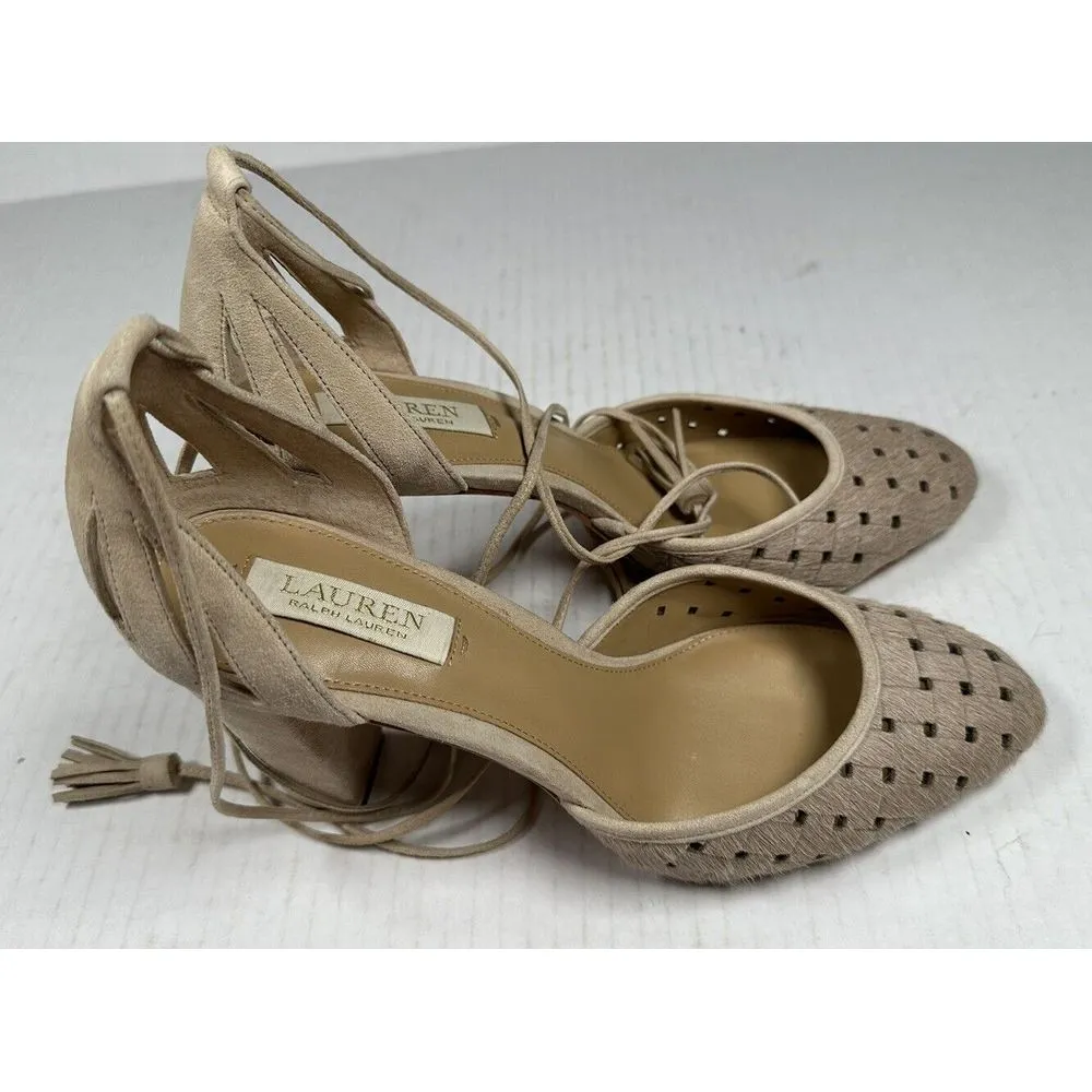 Lauren Ralph Lauren Verna Ankle Wrap D'Orsay Pumps Beige Calf Hair Leather Sz10B - Image 9
