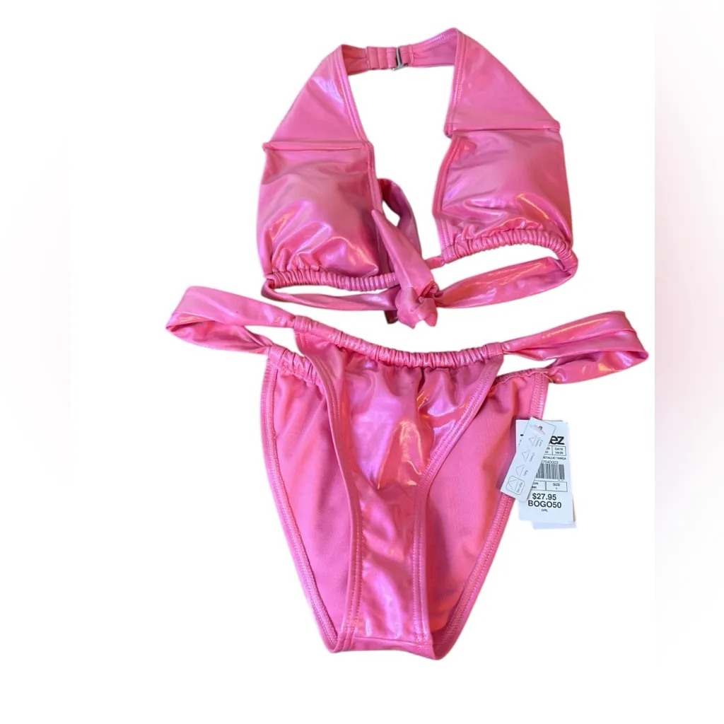Nwt Damsel Hot Pink Chrome High Waisted Bikini Set Size M - Image 2