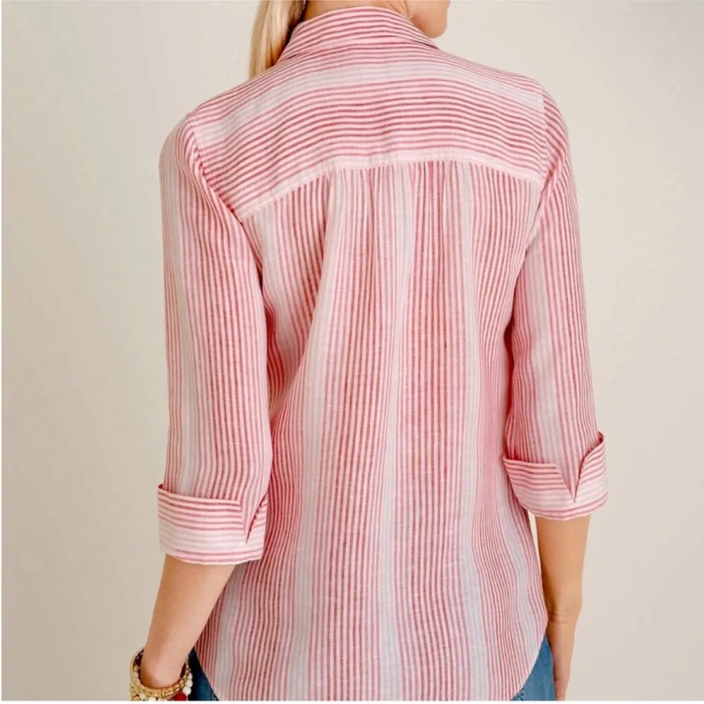 Chico’s No Iron Linen Ombre Stripe Shirt 3/4 Sleeve in Flame Scarlet - Image 3