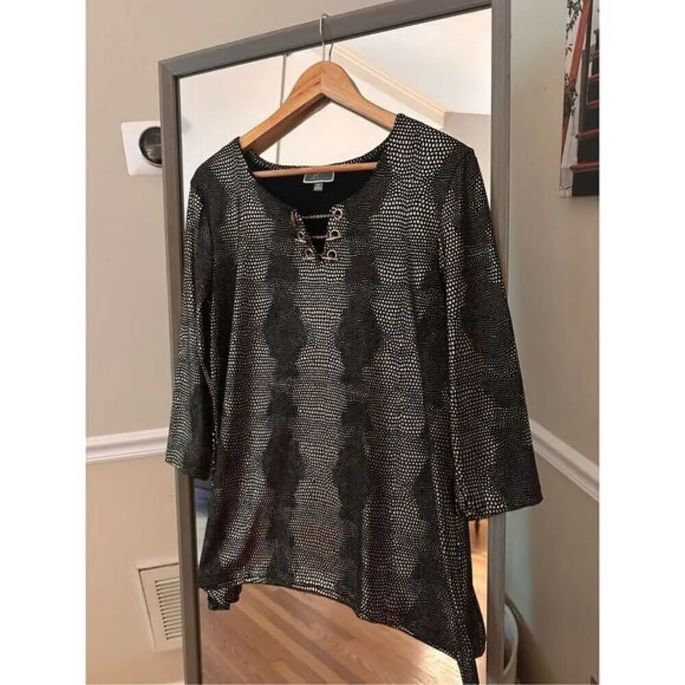 GM Collections Metallic Black‎ Gold Formal Blouse Top M | Evening Party Tunic Black Size M - Image 2