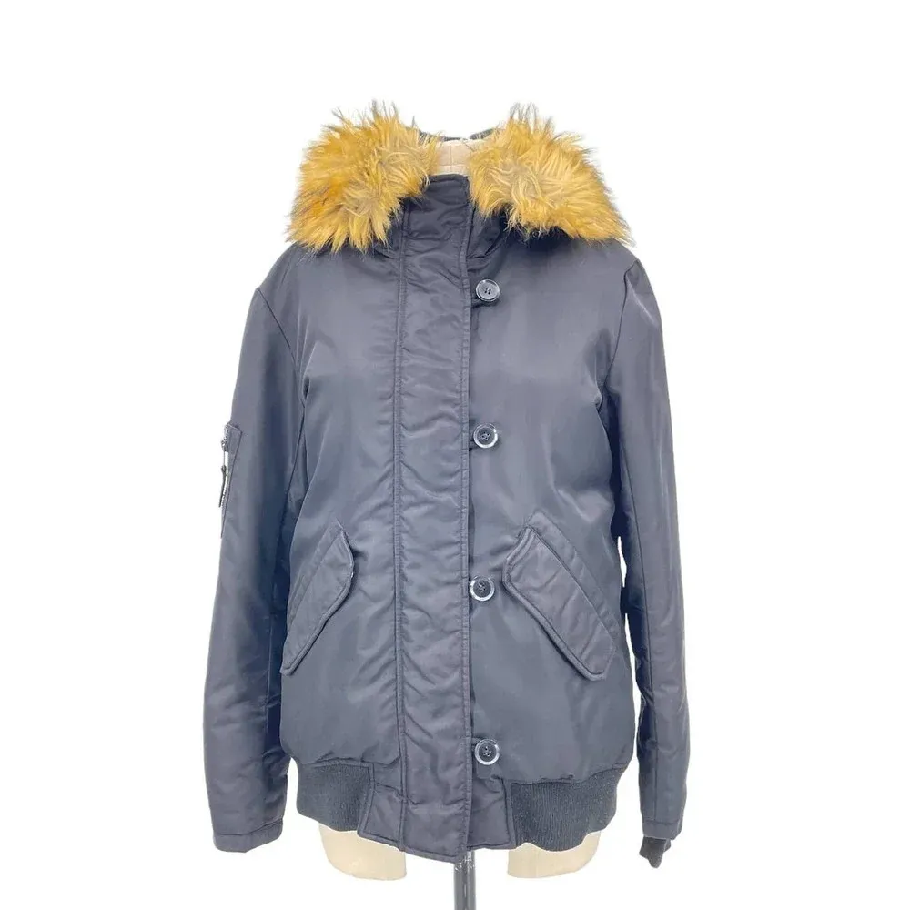 S13 Alps‎ Parka Faux Fur Trim Down Hooded Puffer Coat Black Size Medium - Image 2