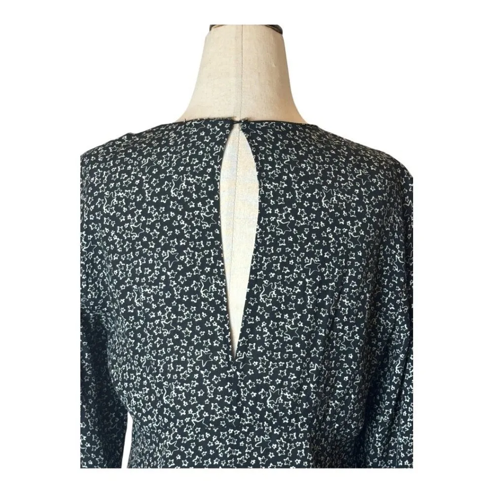 Zara Dress Women Medium Black Ivory Star Print‎ Bow Neckline Long Sleeve Mini - Image 5