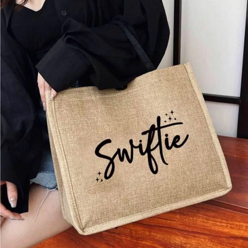Khaki Reusable Canvas Tote Bag For Women With Star, Heart, Swiftie Letter Print Black - Image 4