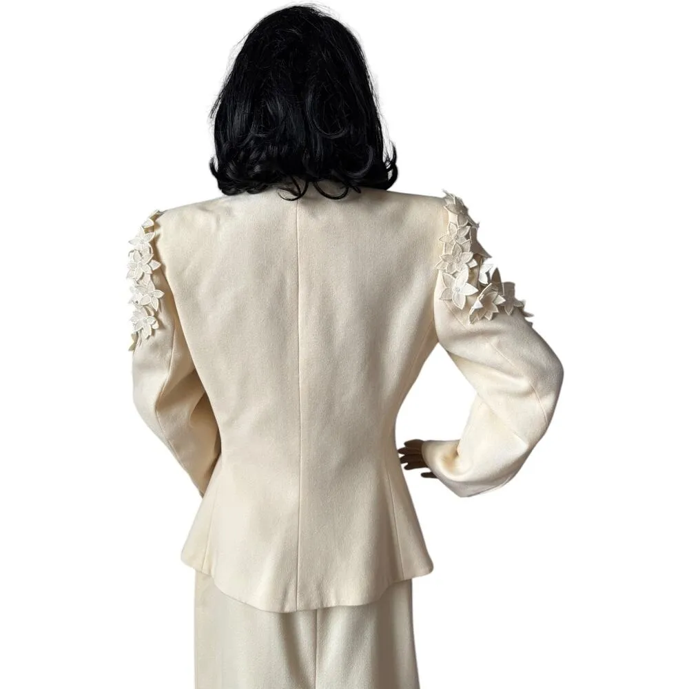 Vintage NOLAN MILLER Cream Yellow Beaded 3 D Flower 3 piece skirt suit 6 - Image 5