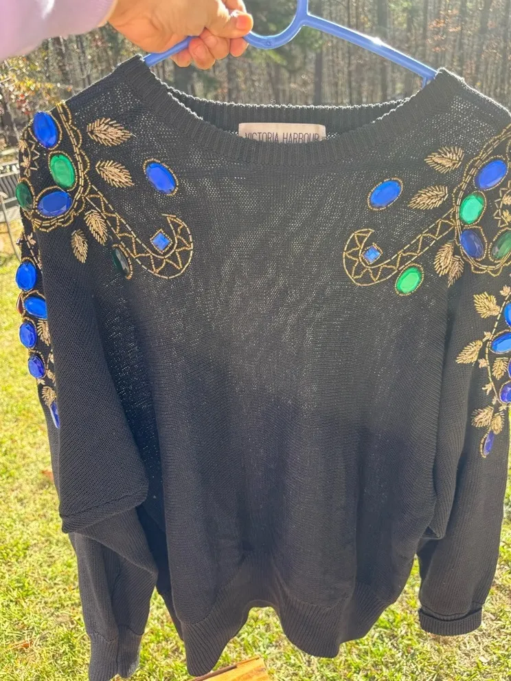 Vintage Victoria Harbour Black Sweater Sz M Gem Bead Embellished Size M - Image 1