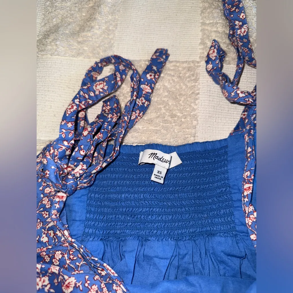 Madewell Tie Strap Blue and White Smocked Tiered Midi Sundress XS - Image 4
