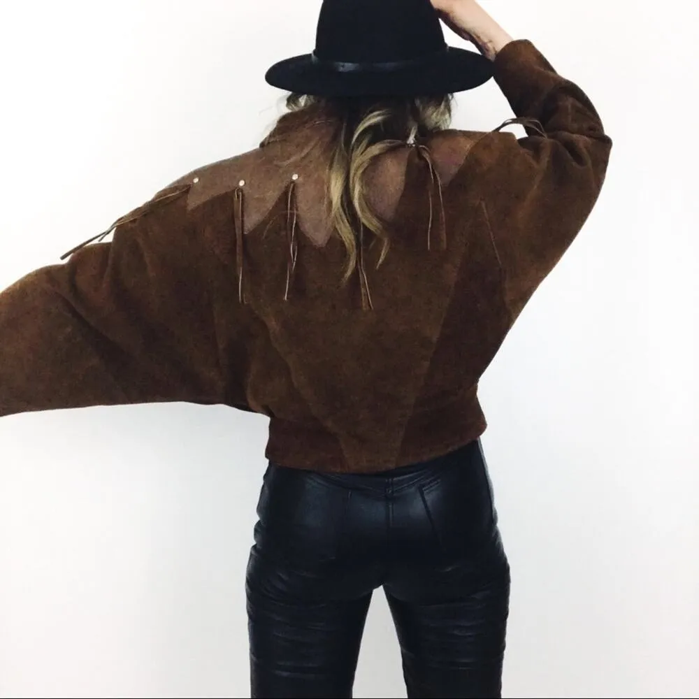 Vintage Cropped Western Suede Jacket with Fringe | Size M Brown Size M - Image 6