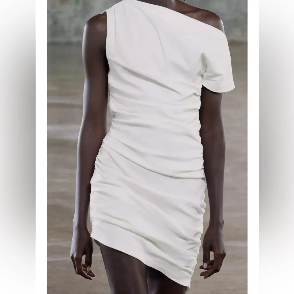 Zara NWT white mini dress asymmetrical draped off shoulder ruched dress - Image 5