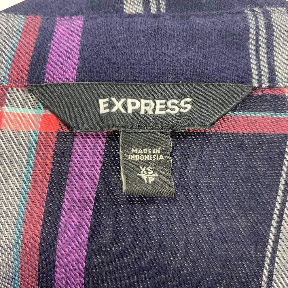 EXPRESS Plaid Checker Lace Up Button Up Long Sleeve Top - Image 3