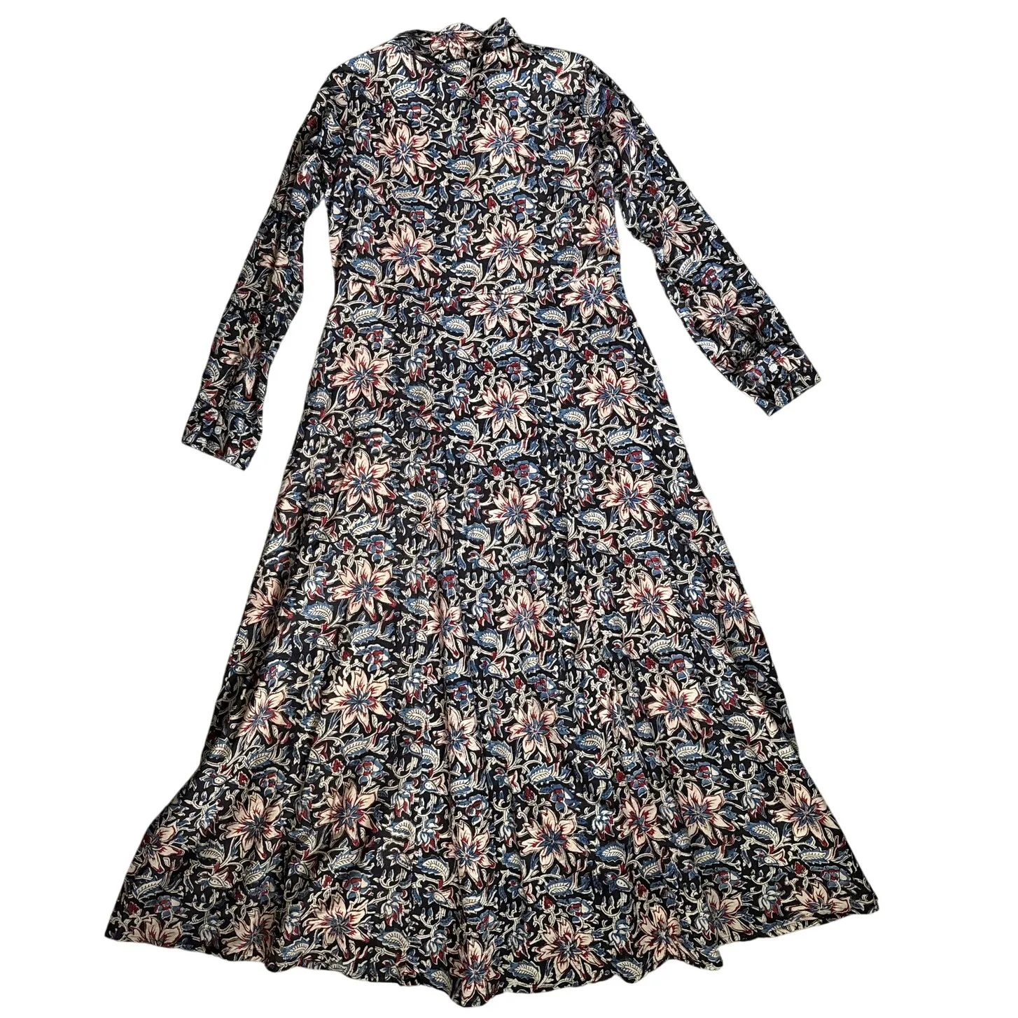 Livro Kurta Floral Print Button Up Flared Shirt Maxi Dress Pockets Size Small Black - Image 2
