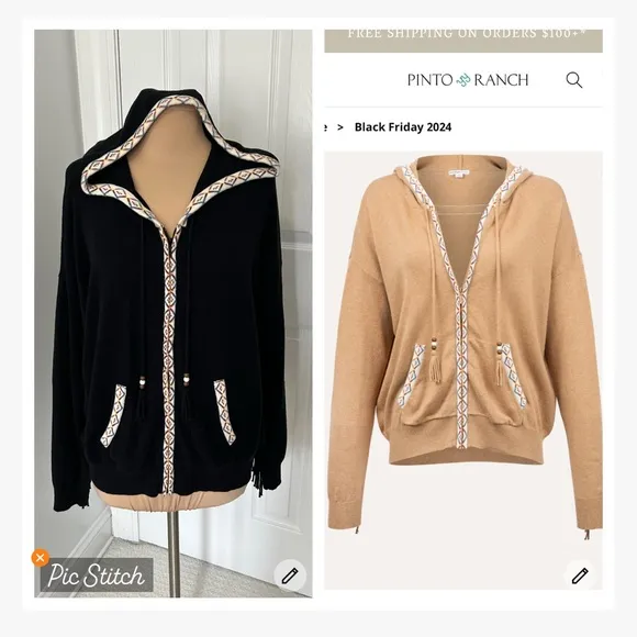 Minnie Rose Western Fringe Full Zip Hooded Cardigan Black Tan Size L - Image 2