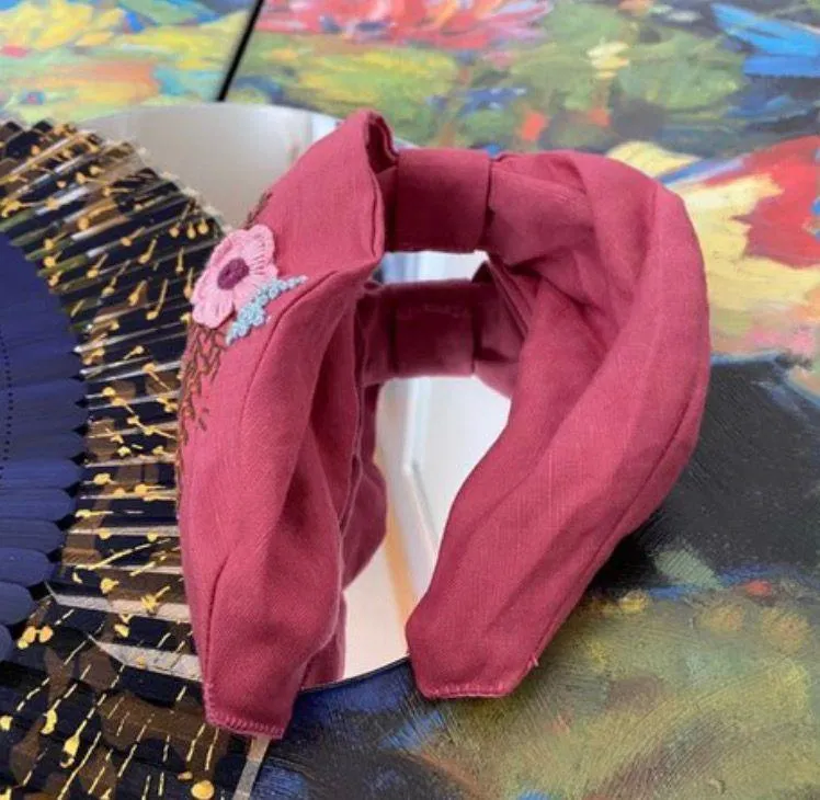 Pink Bow Headband with Floral Embroidery - Image 2