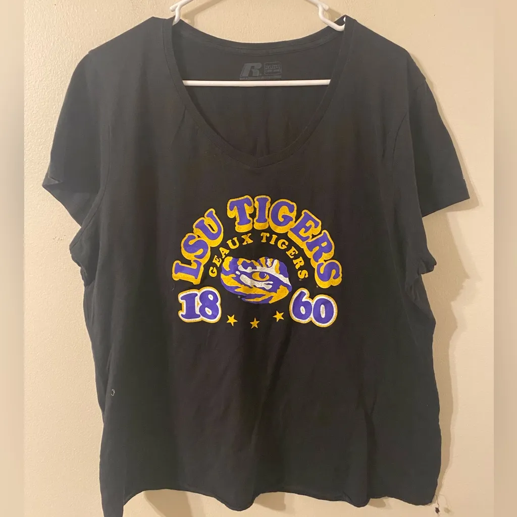 Womens Russell Athletic Black LSU “Geaux Tigers” V-Neck T-Shirt Size 2XL - Image 1