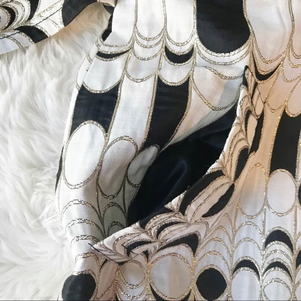 TRINA TURK Belted Trench Coat Metallic‎ Print Jacquard Black Cream Size 4 - Image 7