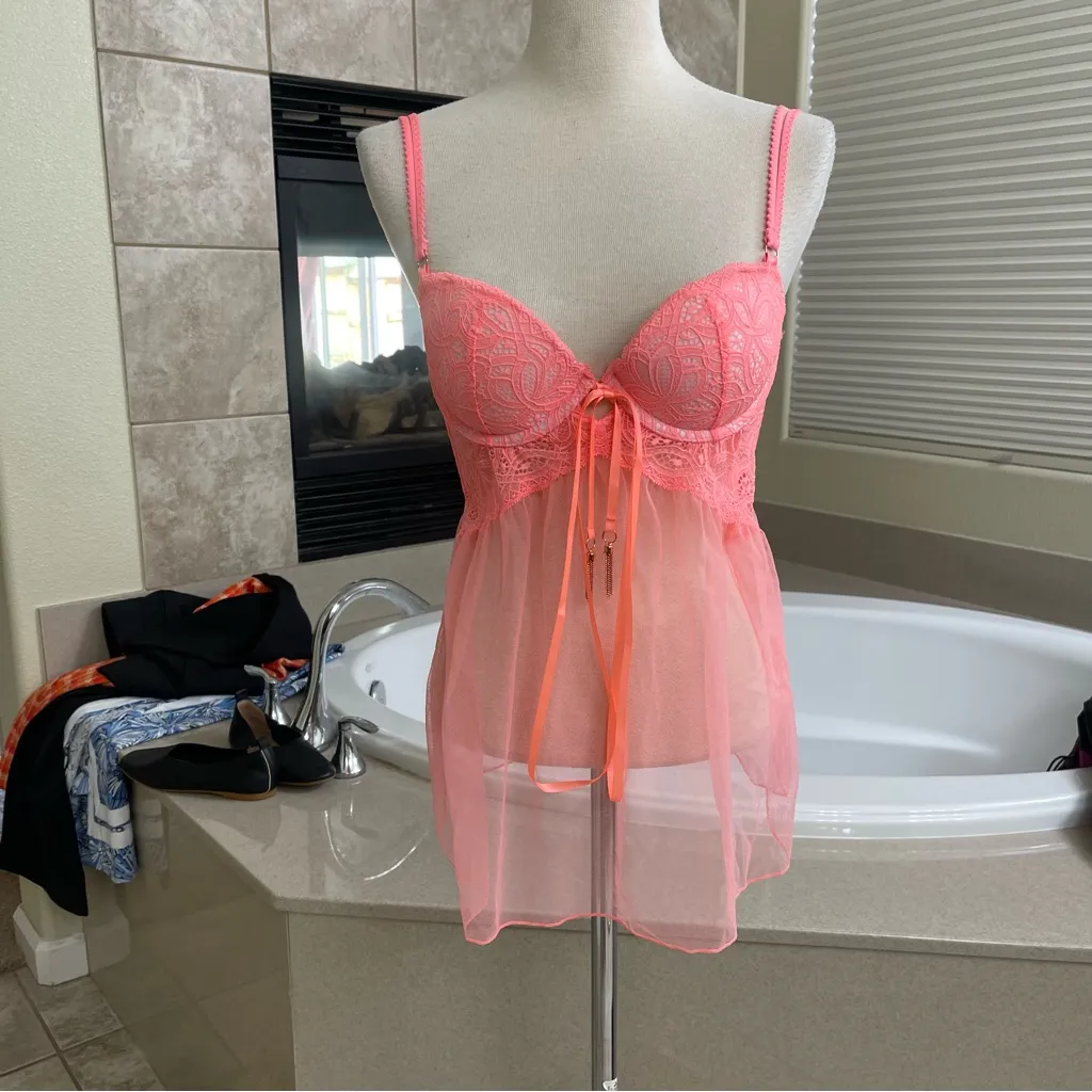 Victoria Secret Pink‎ & Peach Sheer Babydoll Top Lingerie Size 34B EUC - Image 6