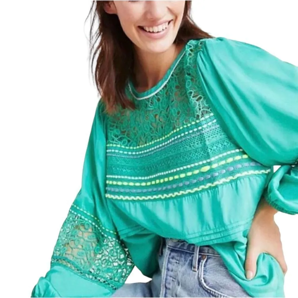 Anthropologie Blink London Sunshine Peasant Top Blouse Size Medium Green - Image 3