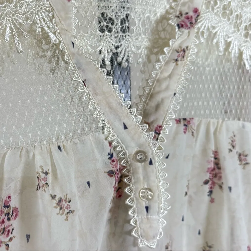 Romantic Cottagecore Cap Sleeve Blouse Festival Lace Neckline Lightweight Floral White Size L - Image 6