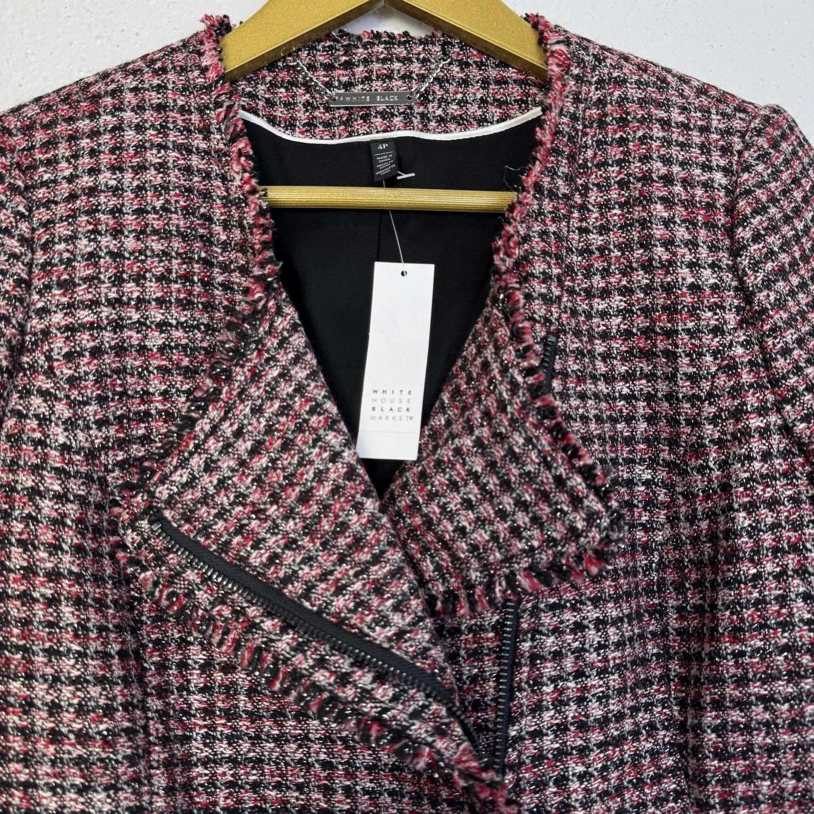 WHBM Black Red Silver Tweed Fringe Moto Blazer Jacket Size 4P Zipper Career NWT - Image 3