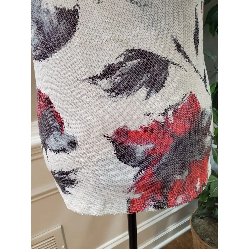Dana Buchman White & Red Floral Sequin Round Neck Sleeveless Top Blouse Size M - Image 3