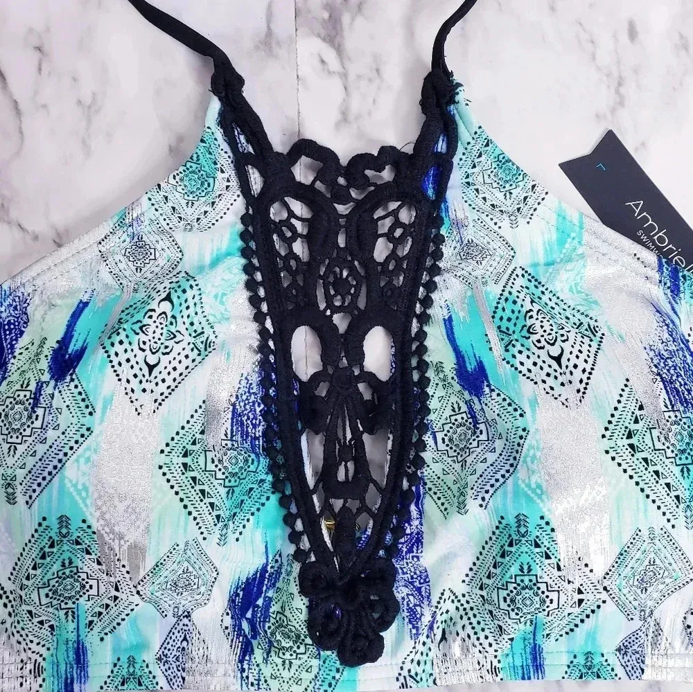 Ambrielle Bra Swimwear Sz Large High Neck Lace Pattern Halter Strap Geometric Blue - Image 6